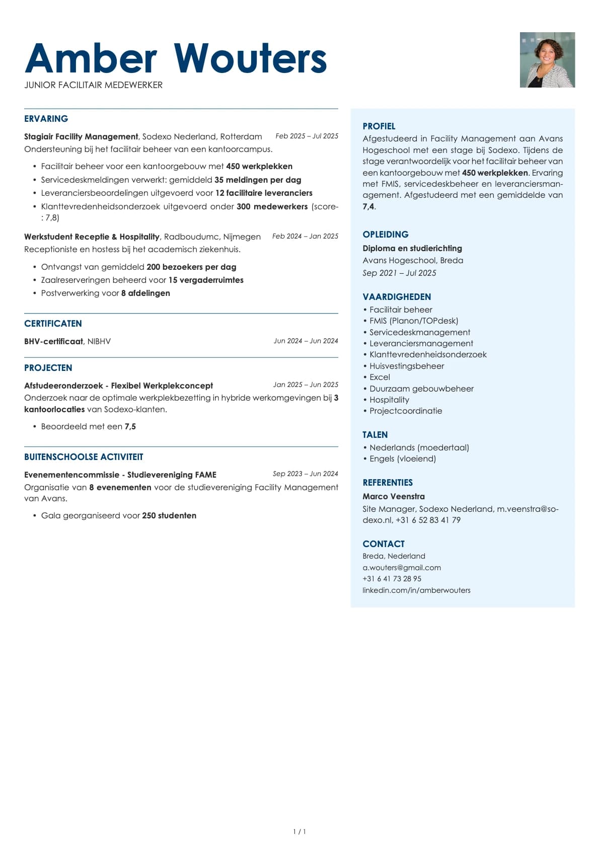 Junior Facilitair Medewerker resume example