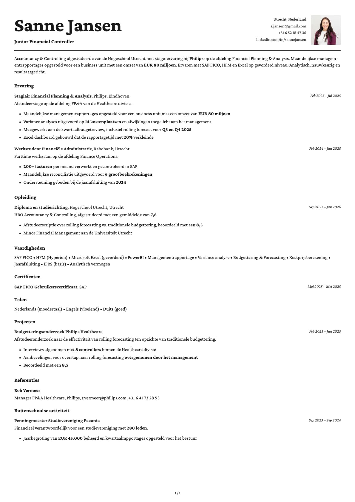 Junior Financial Controller resume example