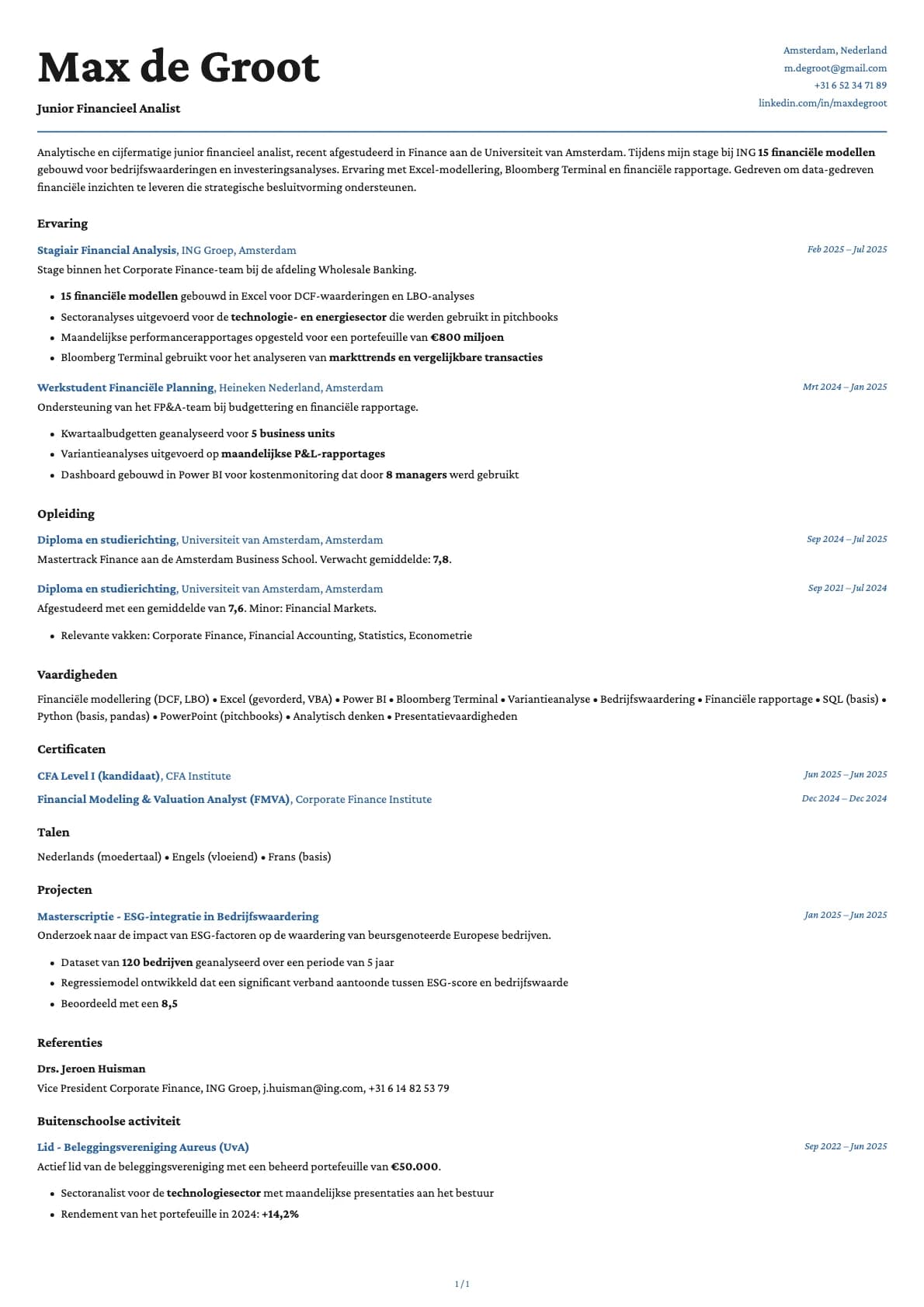 Junior Financieel Analist resume example