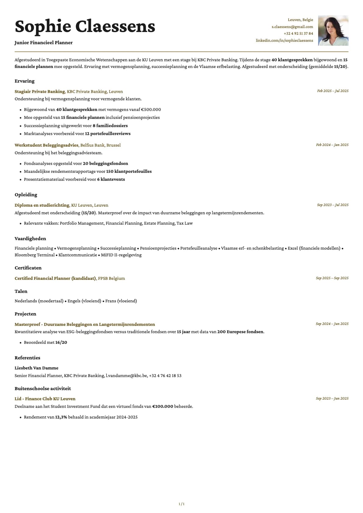 Junior Financieel Planner resume example