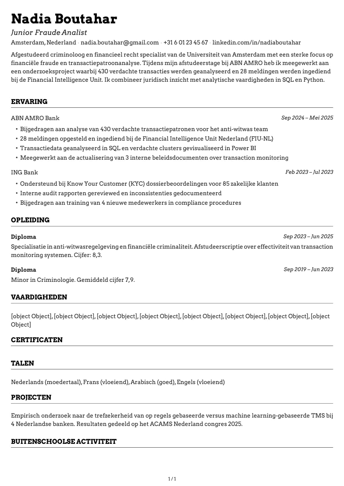 Junior Fraude Analist resume example