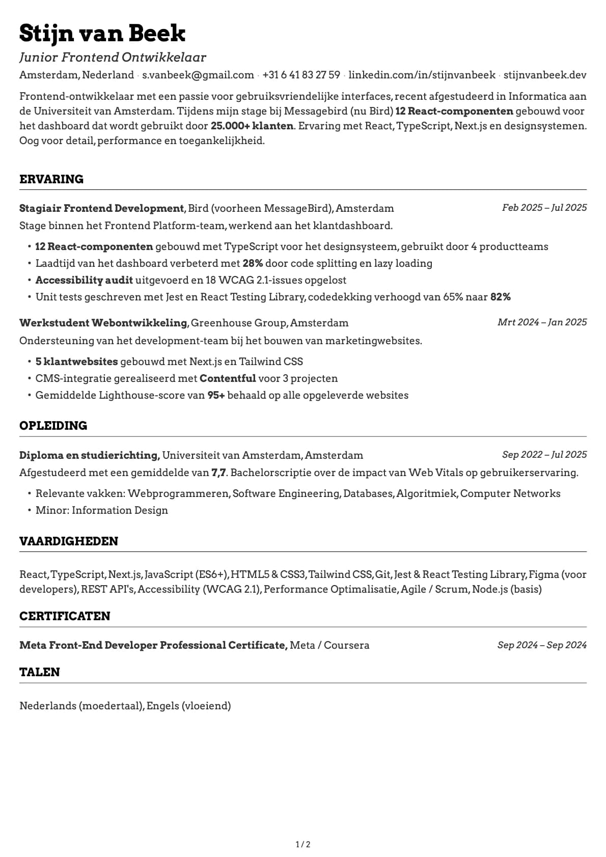 Junior Frontend Ontwikkelaar resume example