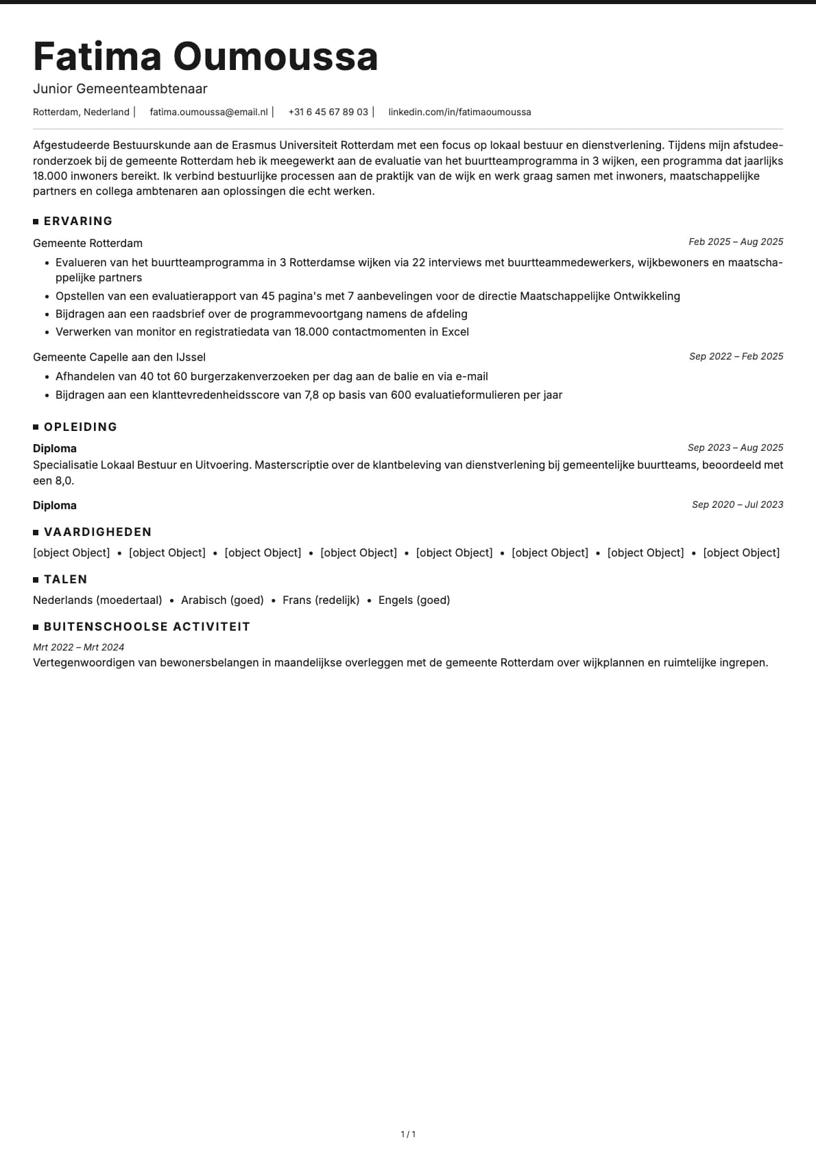 Junior Gemeenteambtenaar resume example