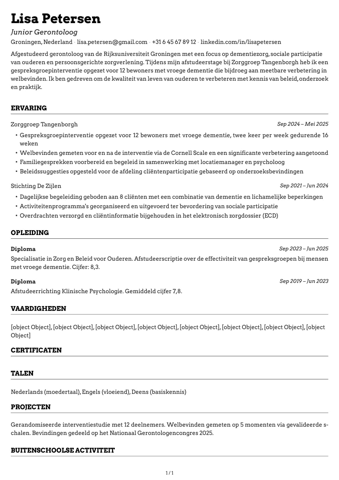 Junior Gerontoloog resume example