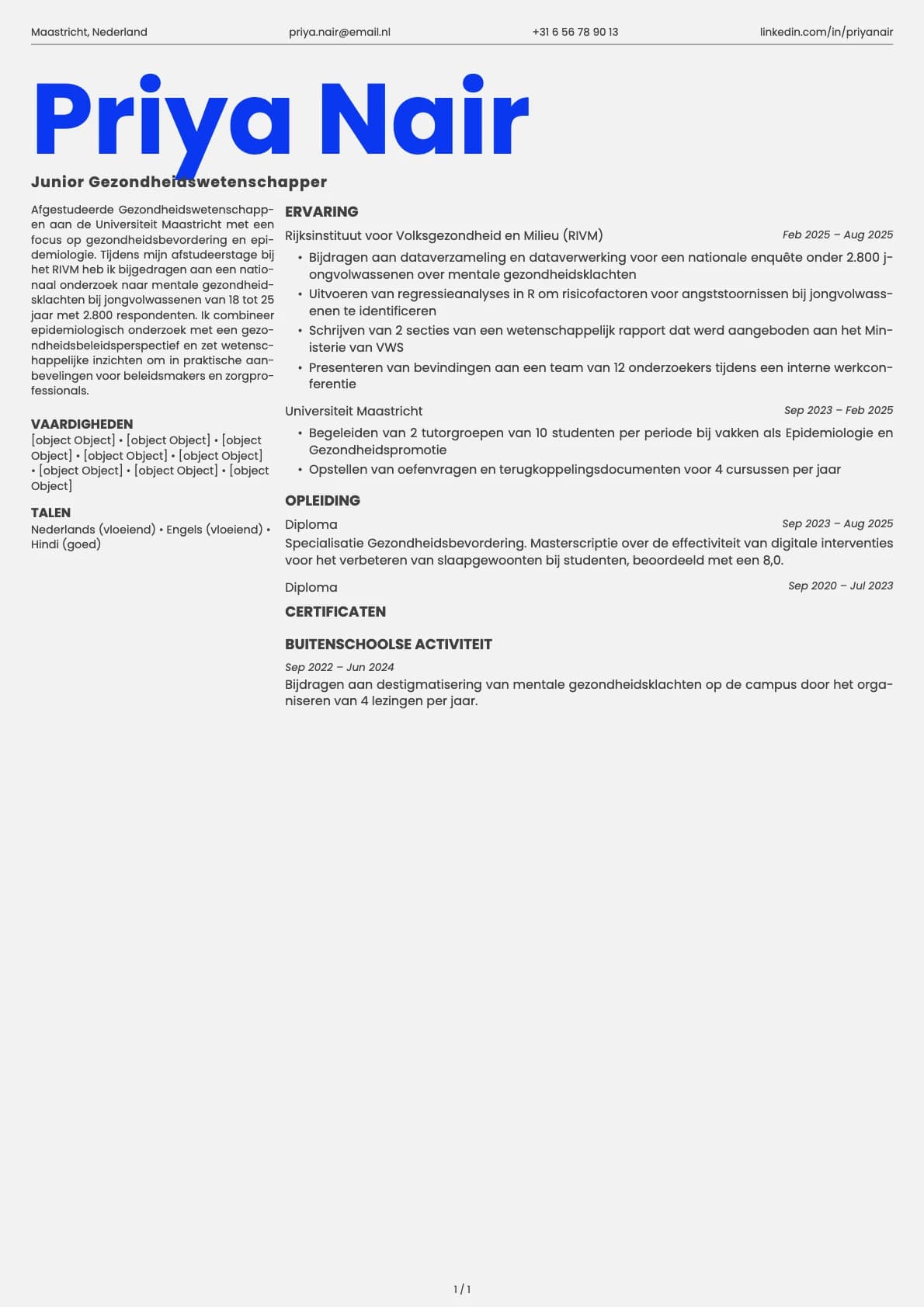 Junior Gezondheidswetenschapper resume example