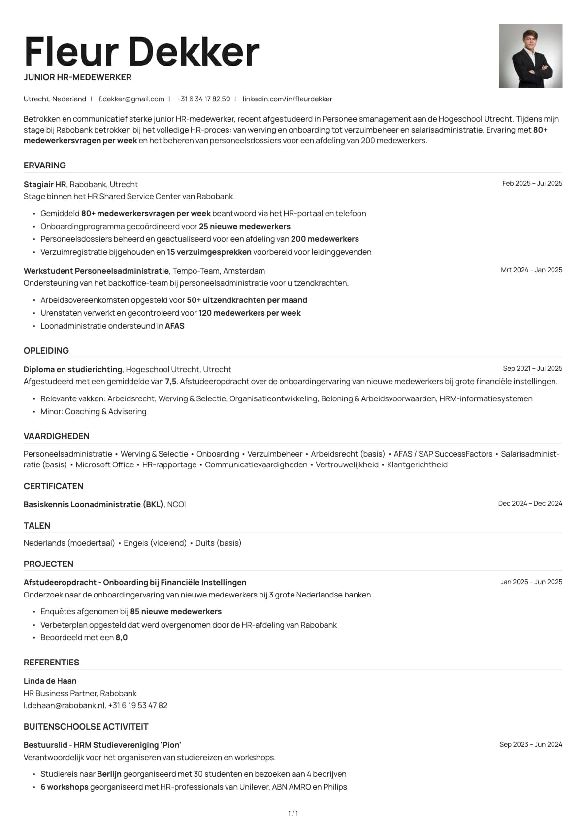 Junior HR Medewerker resume example