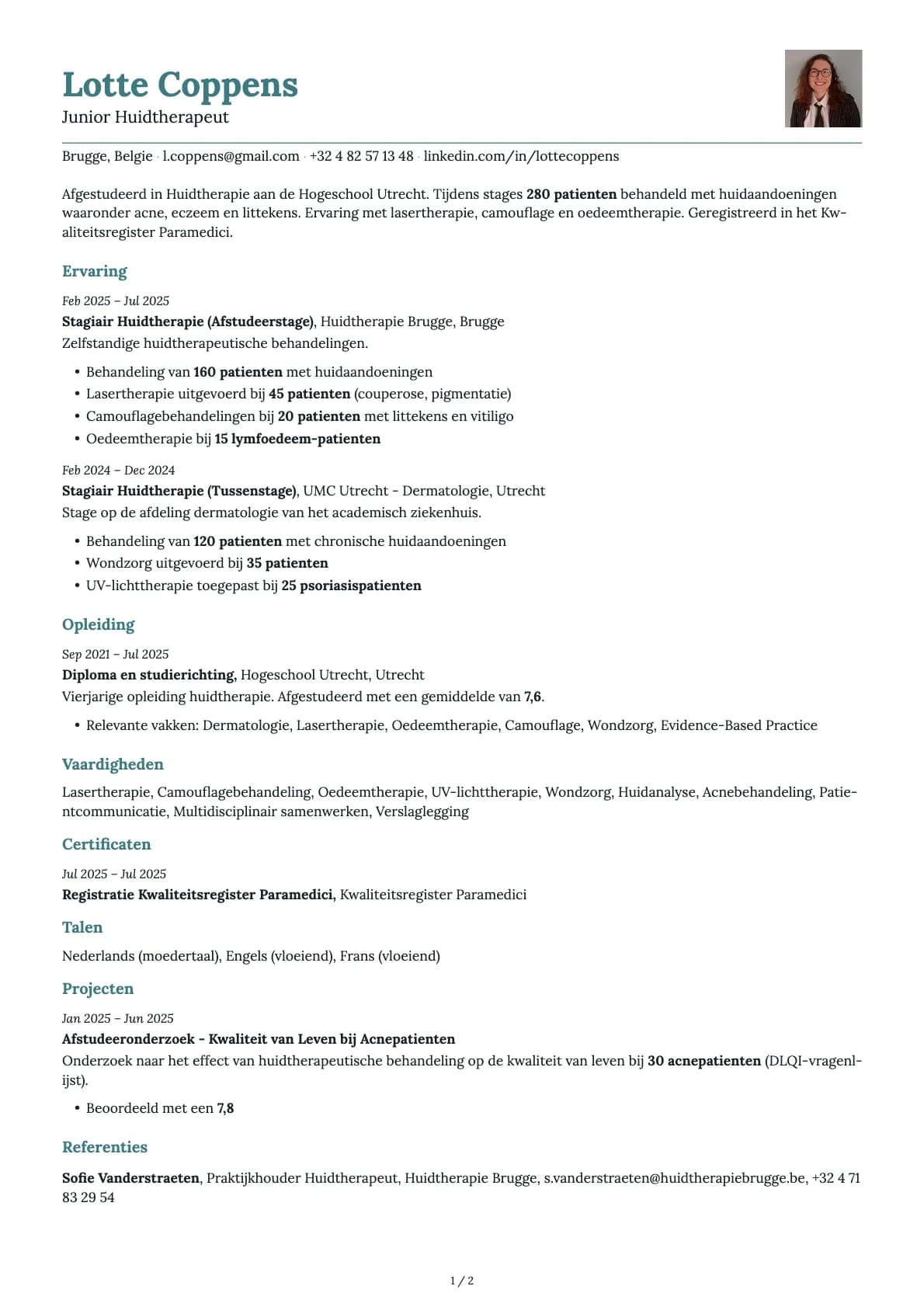 Junior Huidtherapeut resume example