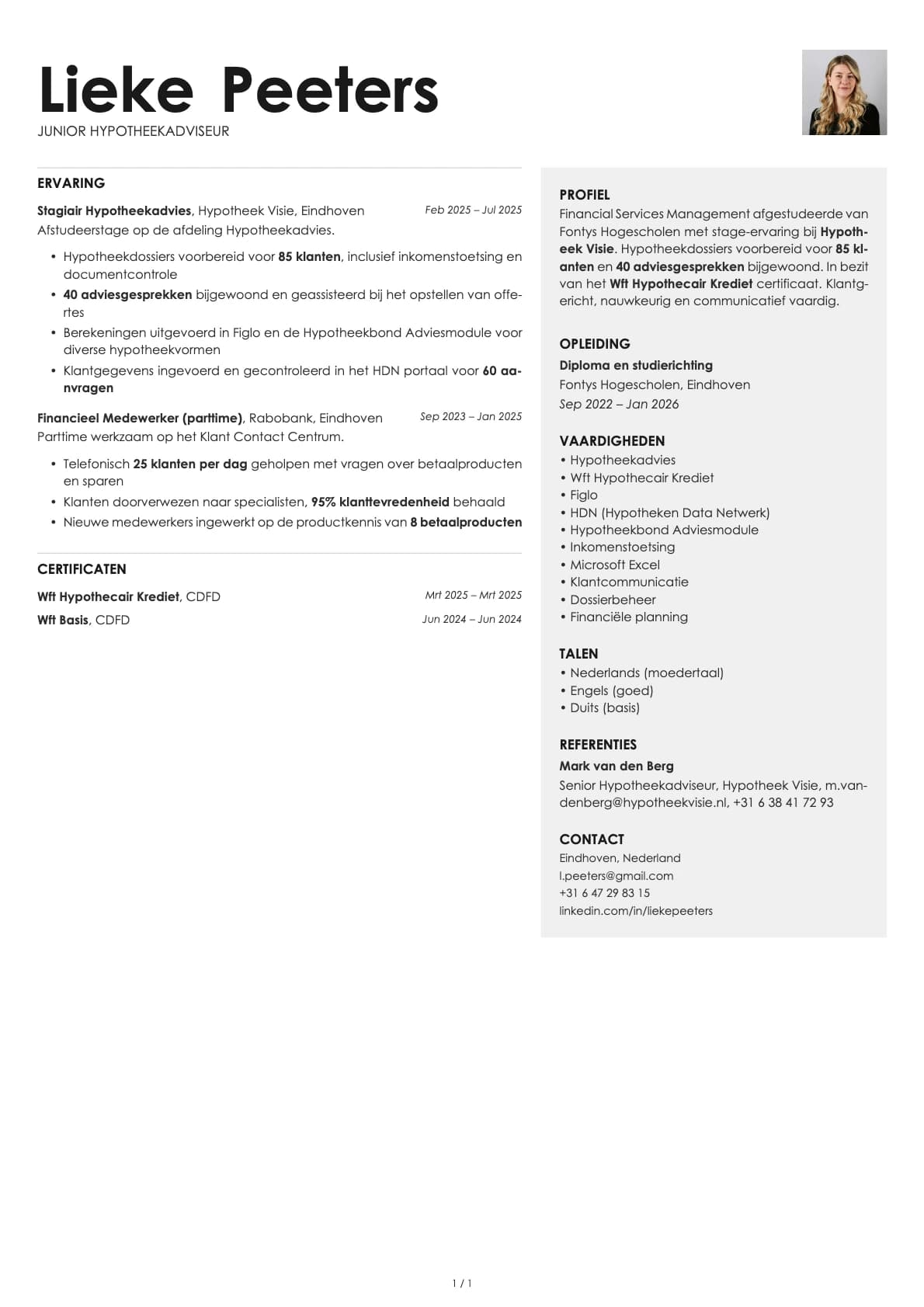 Junior Hypotheekadviseur resume example