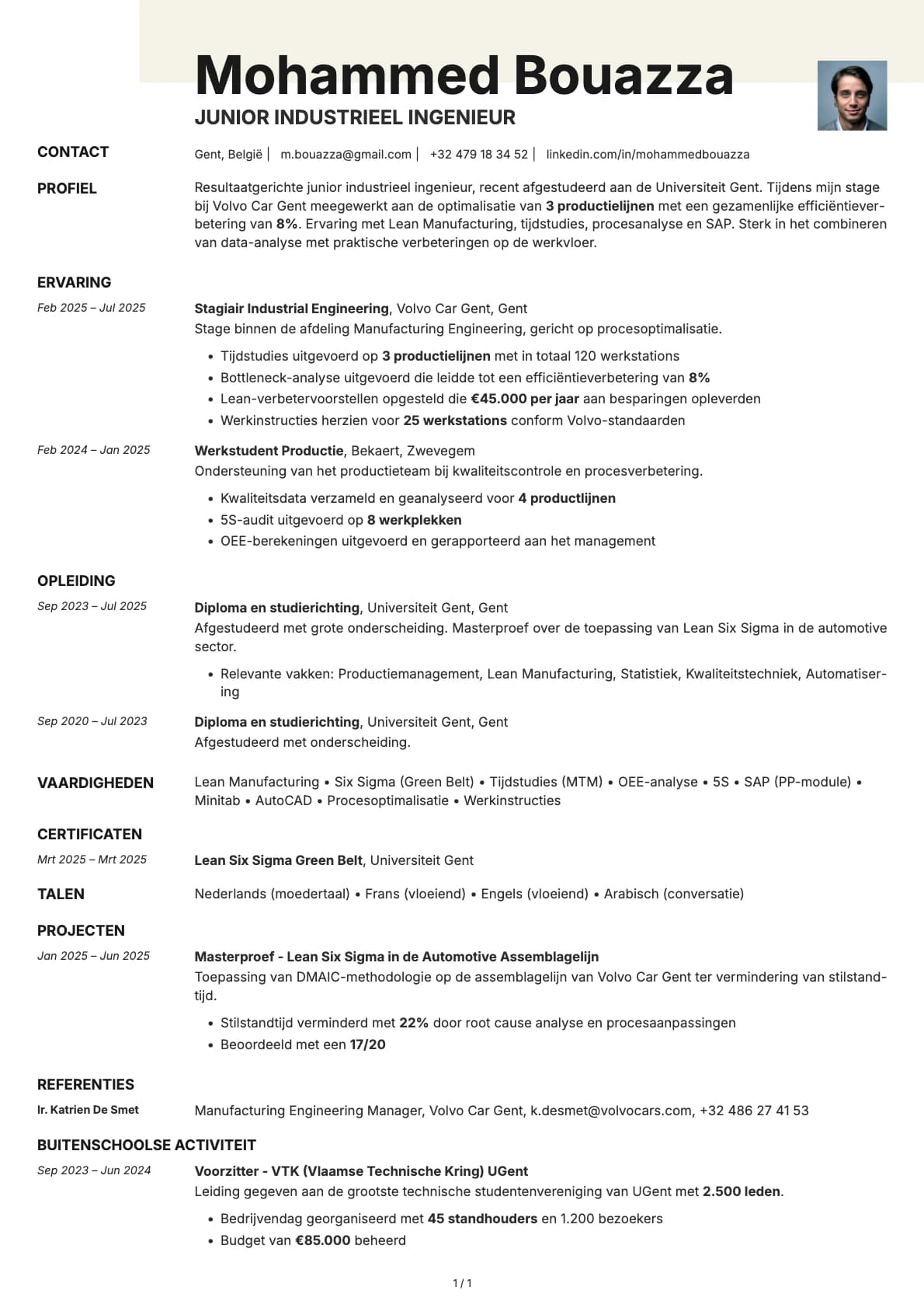 Junior Industrieel Ingenieur resume example