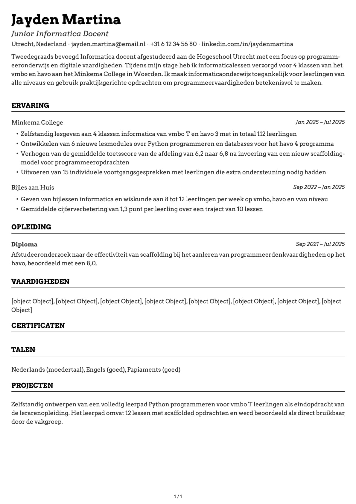 Junior Informatica Docent resume example