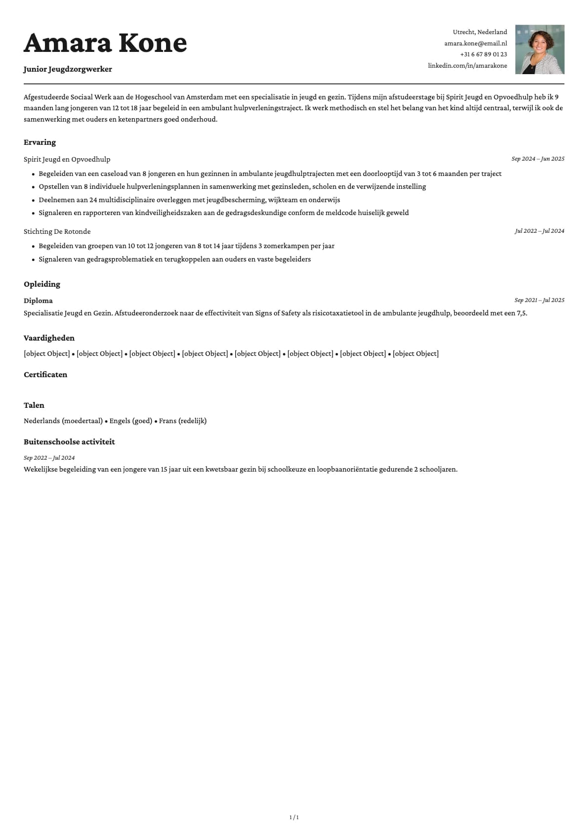 Junior Jeugdzorgwerker resume example
