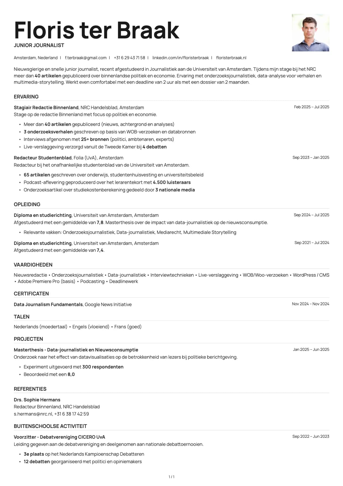 Junior Journalist resume example