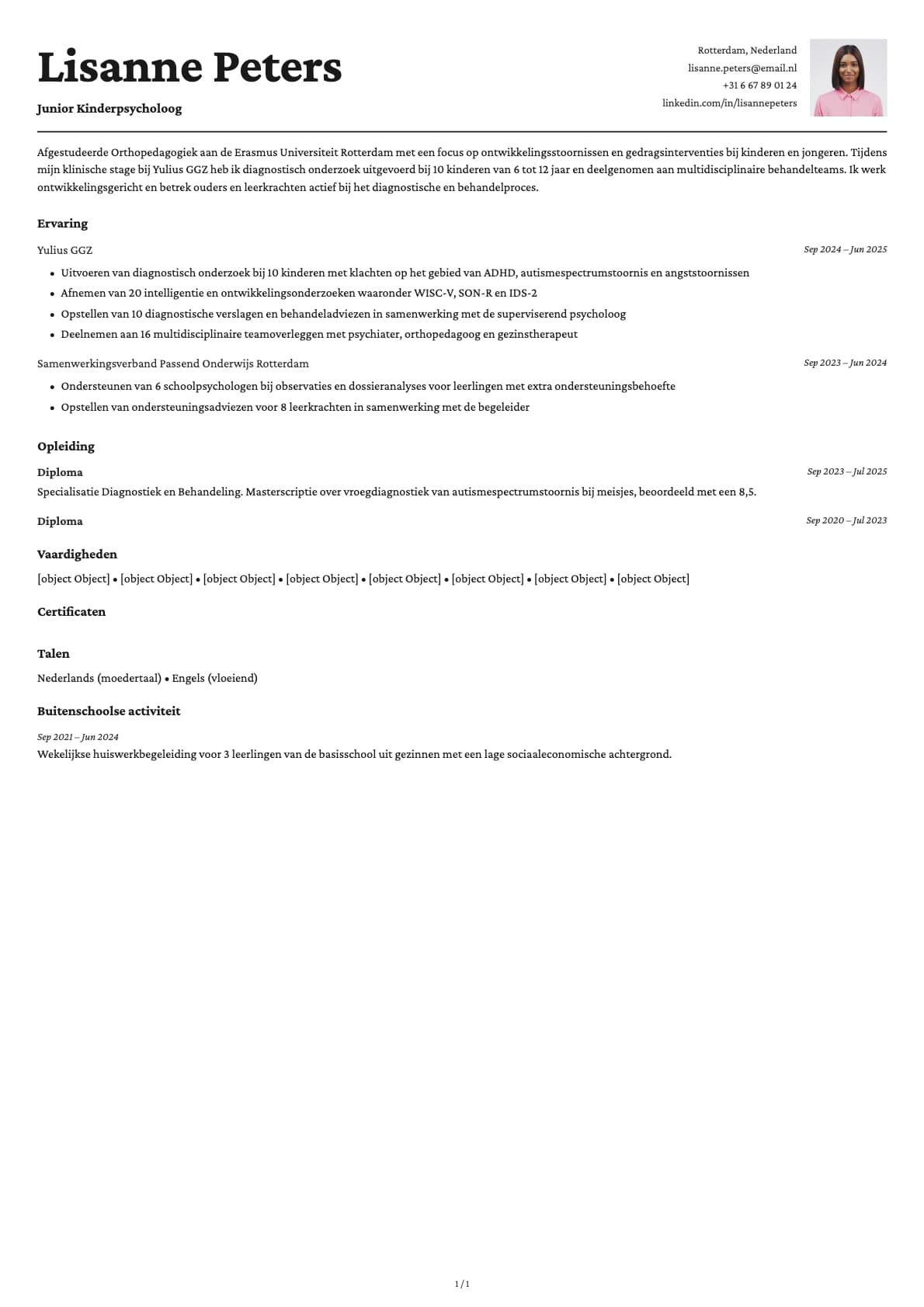 Junior Kinderpsycholoog resume example