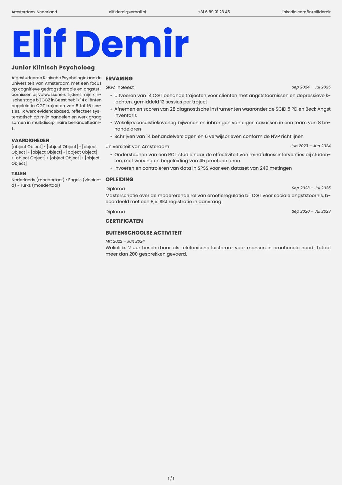 Junior Klinisch Psycholoog resume example