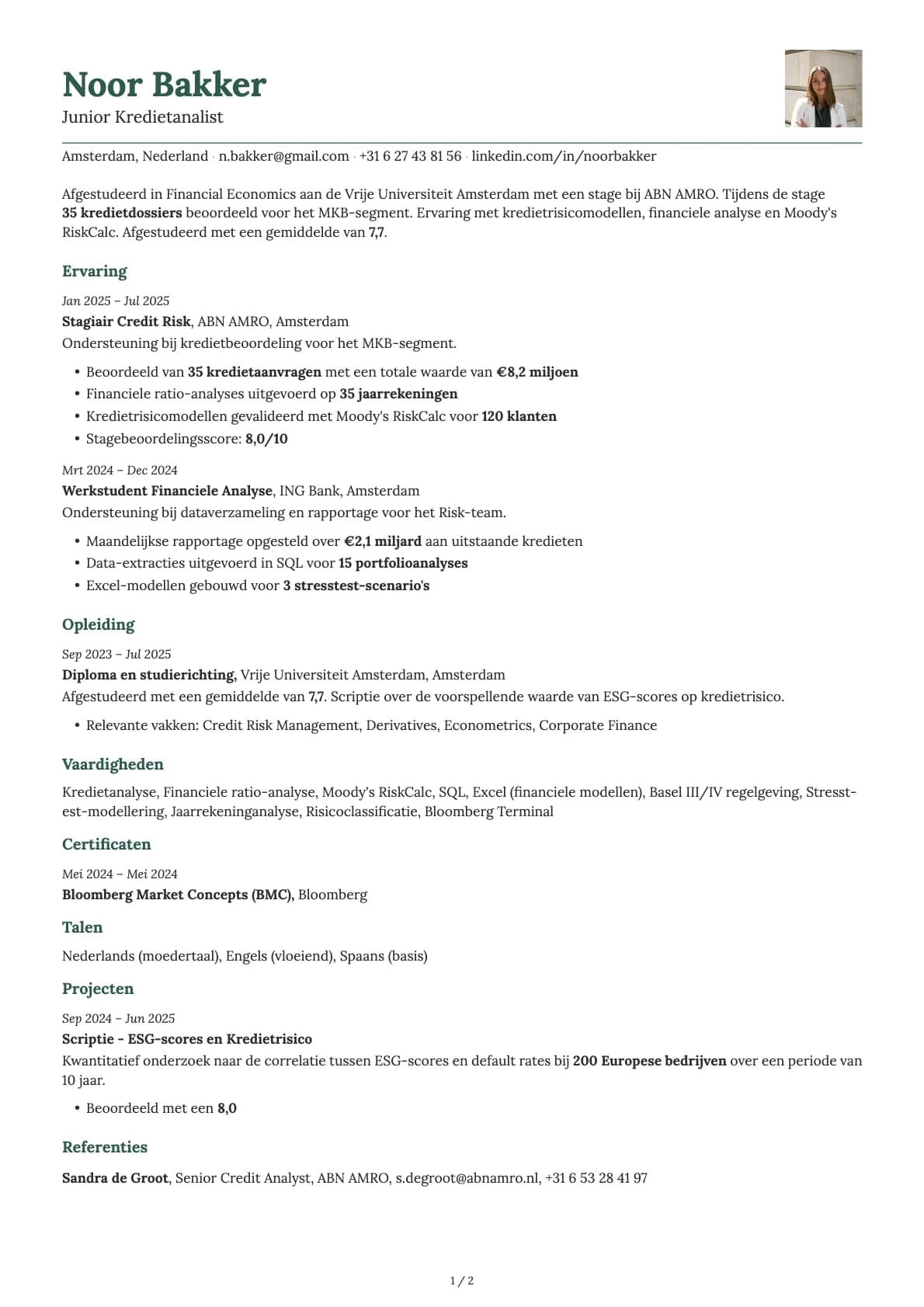 Junior Kredietanalist resume example
