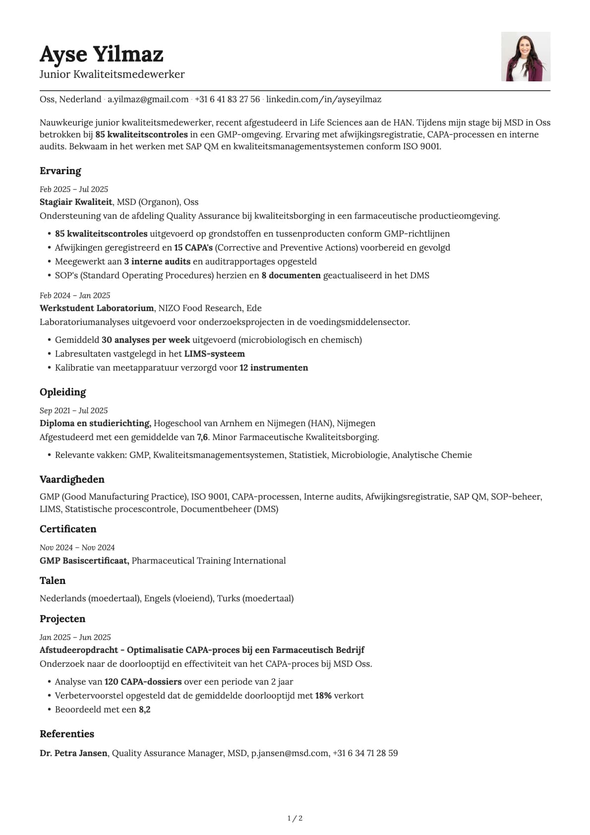 Junior Kwaliteitsmedewerker resume example