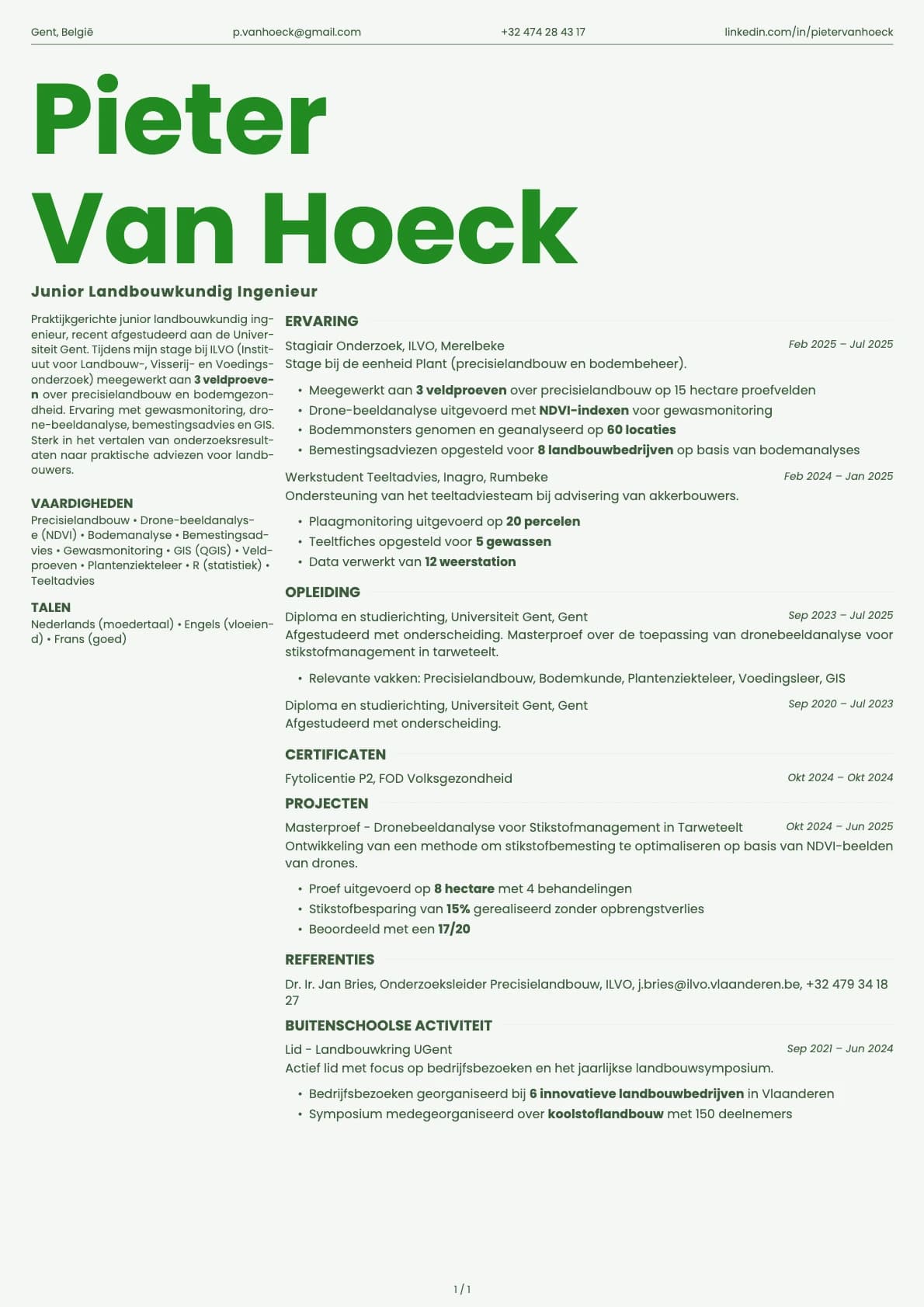 Junior Landbouwkundig Ingenieur resume example
