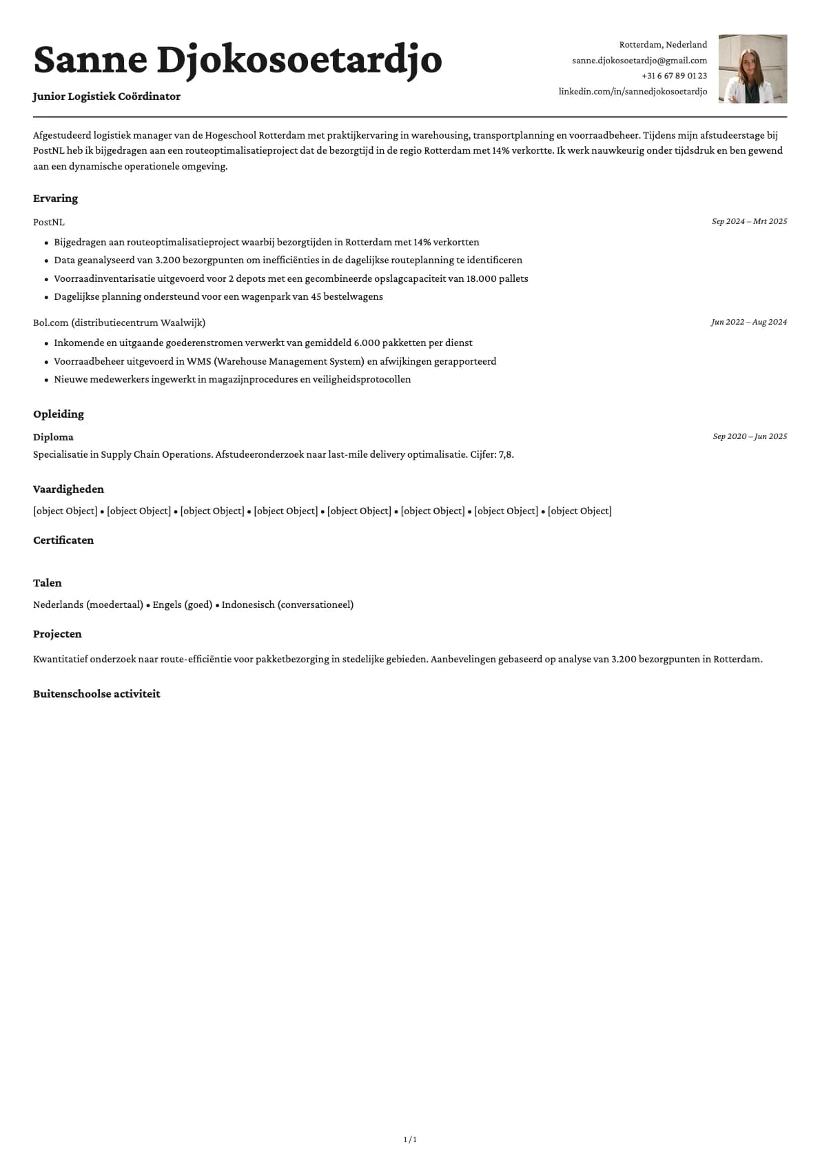 Junior Logistiek Coördinator resume example