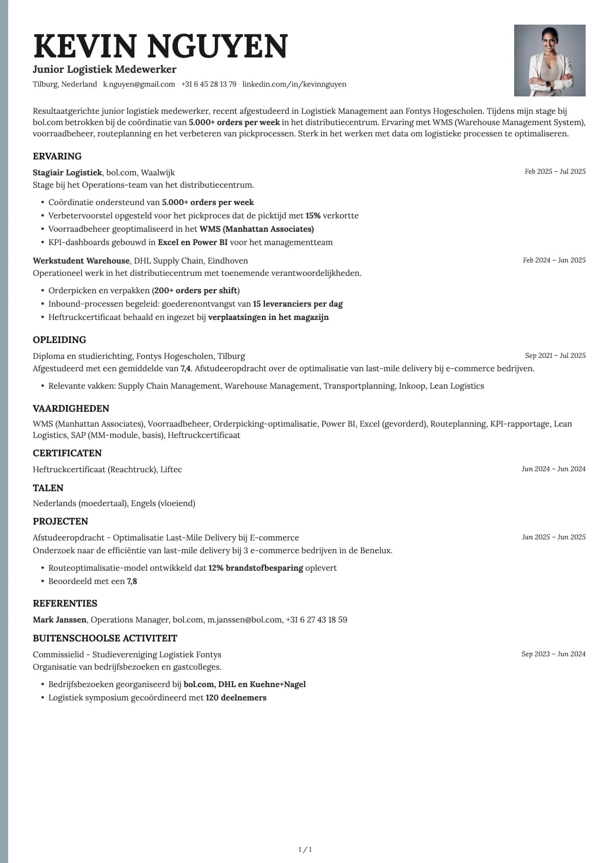 Junior Logistiek Medewerker resume example
