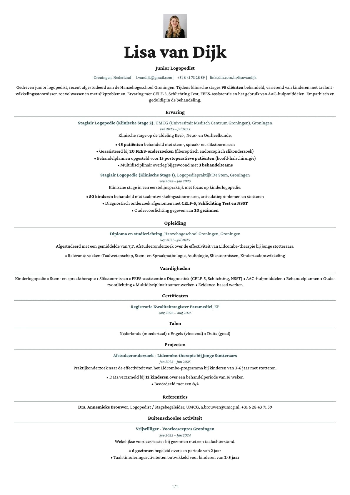 Junior Logopedist resume example