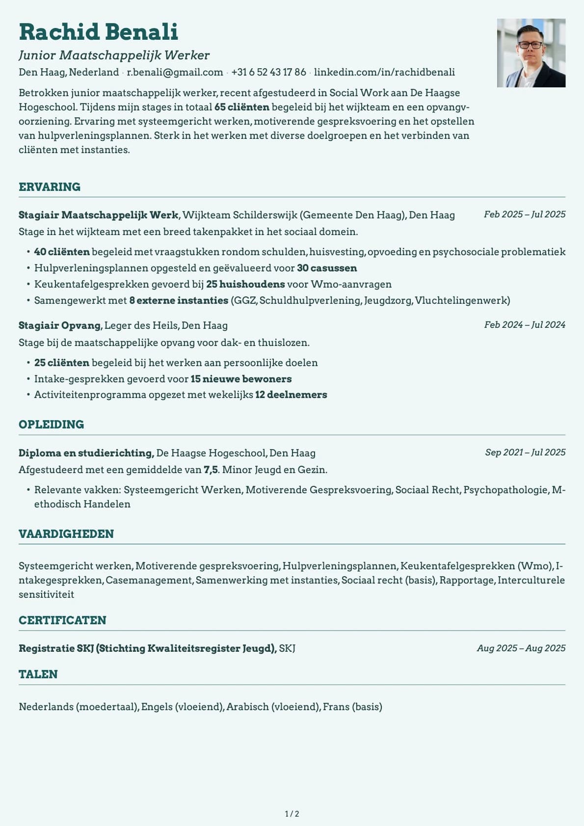 Junior Maatschappelijk Werker resume example