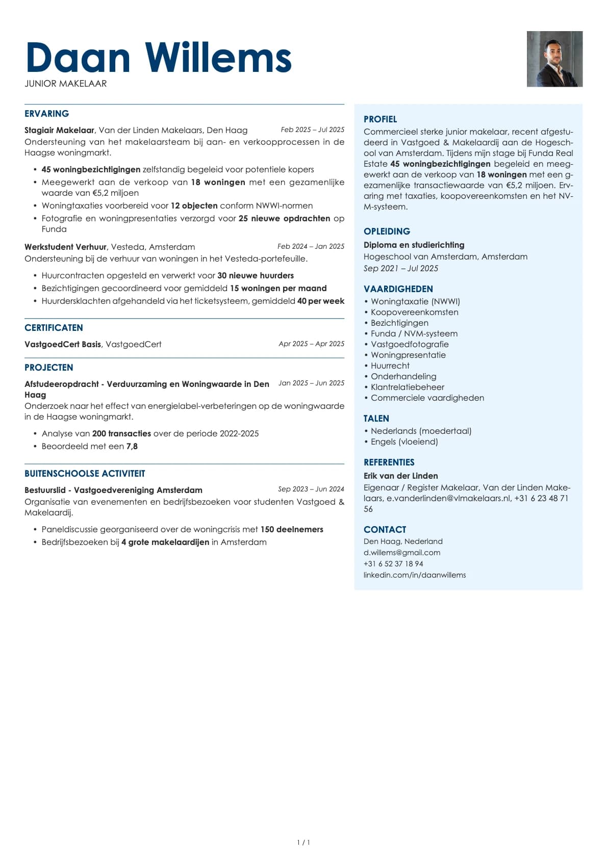 Junior Makelaar resume example