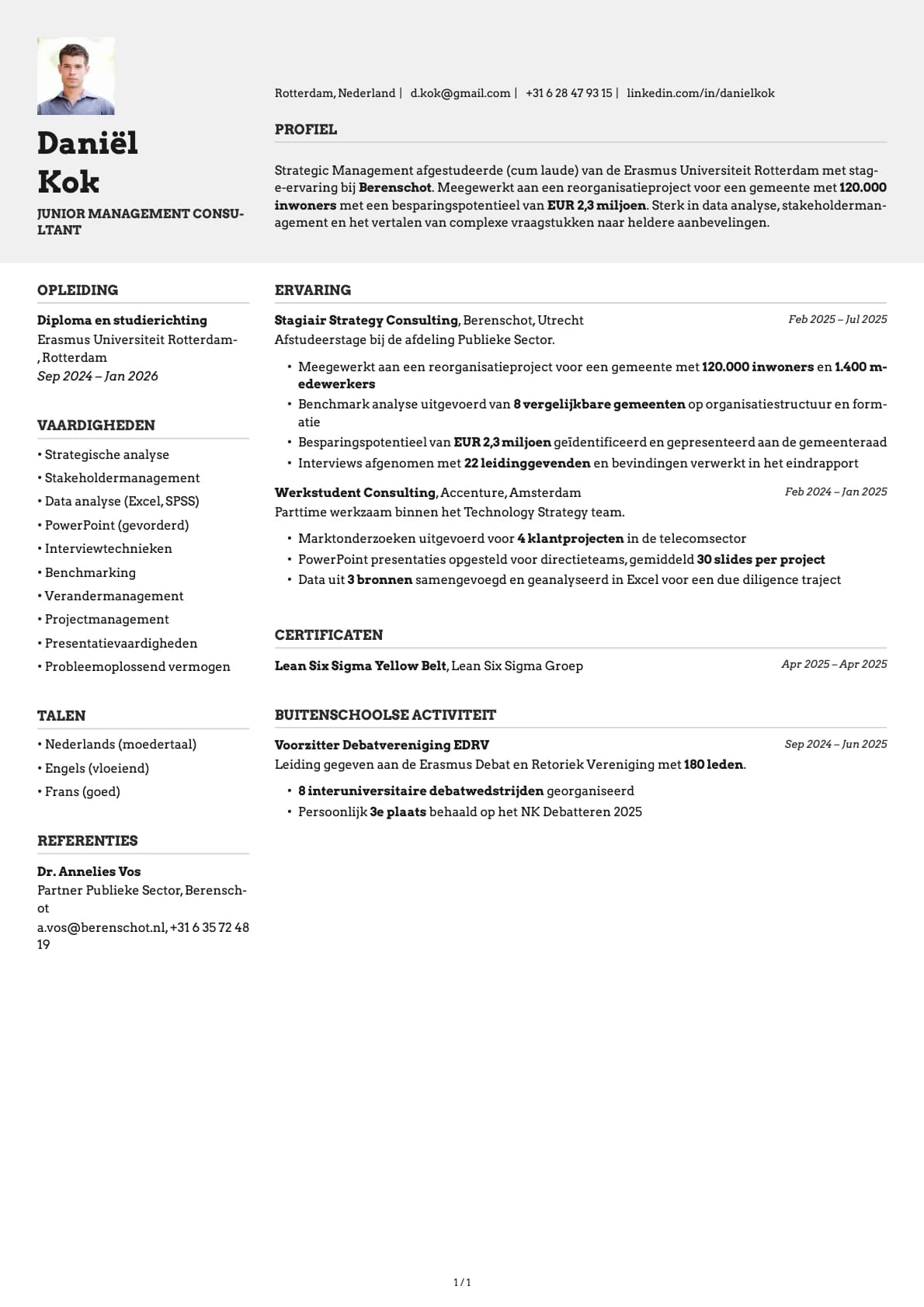 Junior Management Consultant resume example