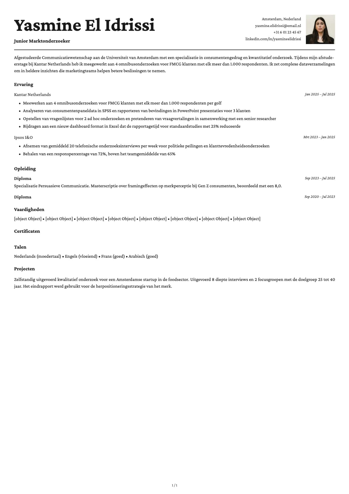 Junior Marktonderzoeker resume example