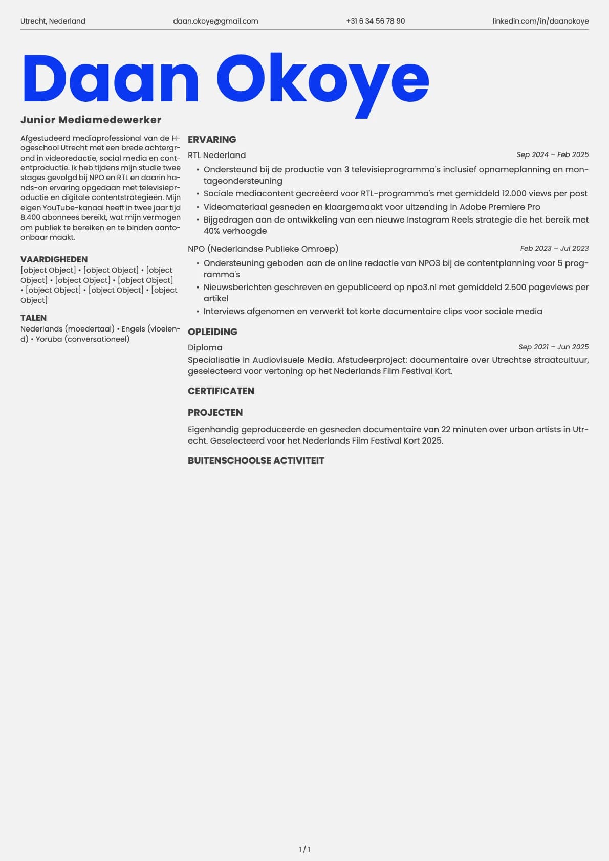 Junior Mediamedewerker resume example