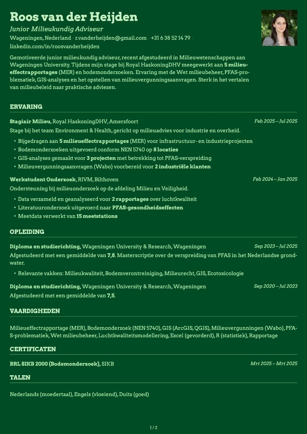 Junior Milieukundig Adviseur resume example