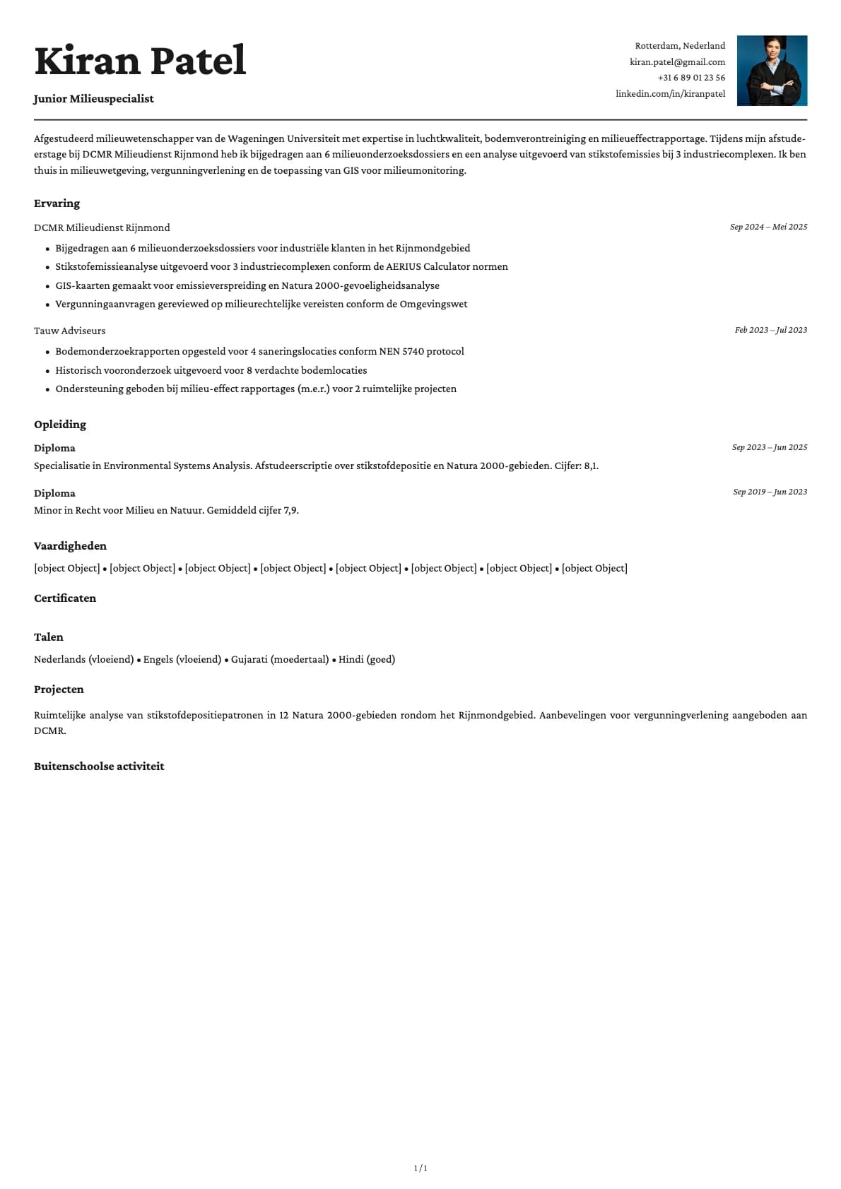Junior Milieuspecialist resume example