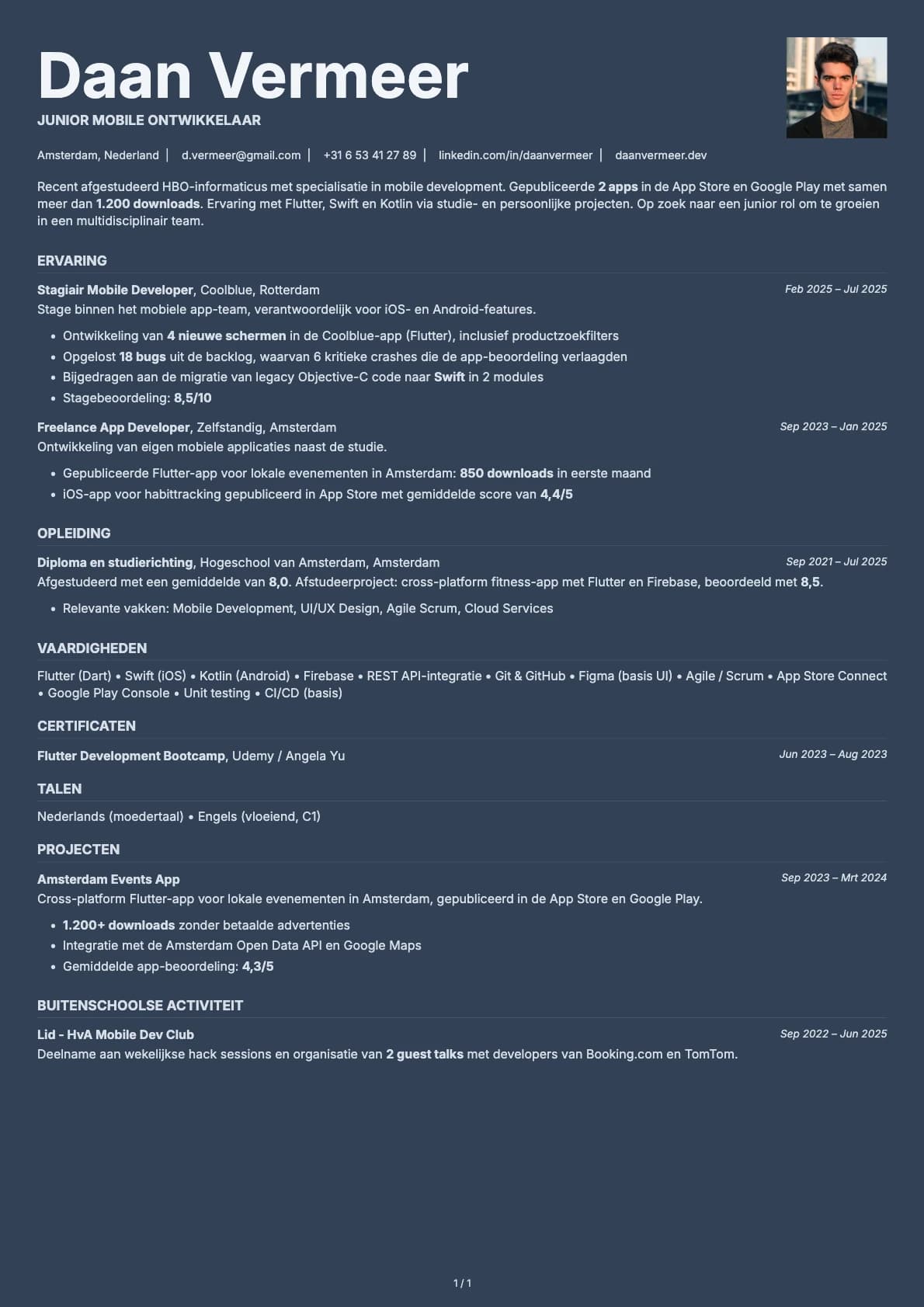 Junior Mobile Ontwikkelaar resume example
