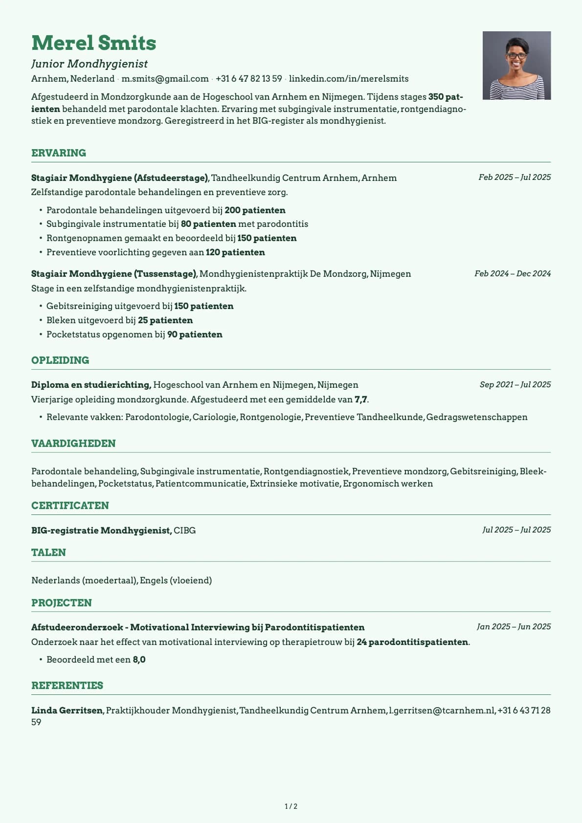Junior Mondhygienist resume example