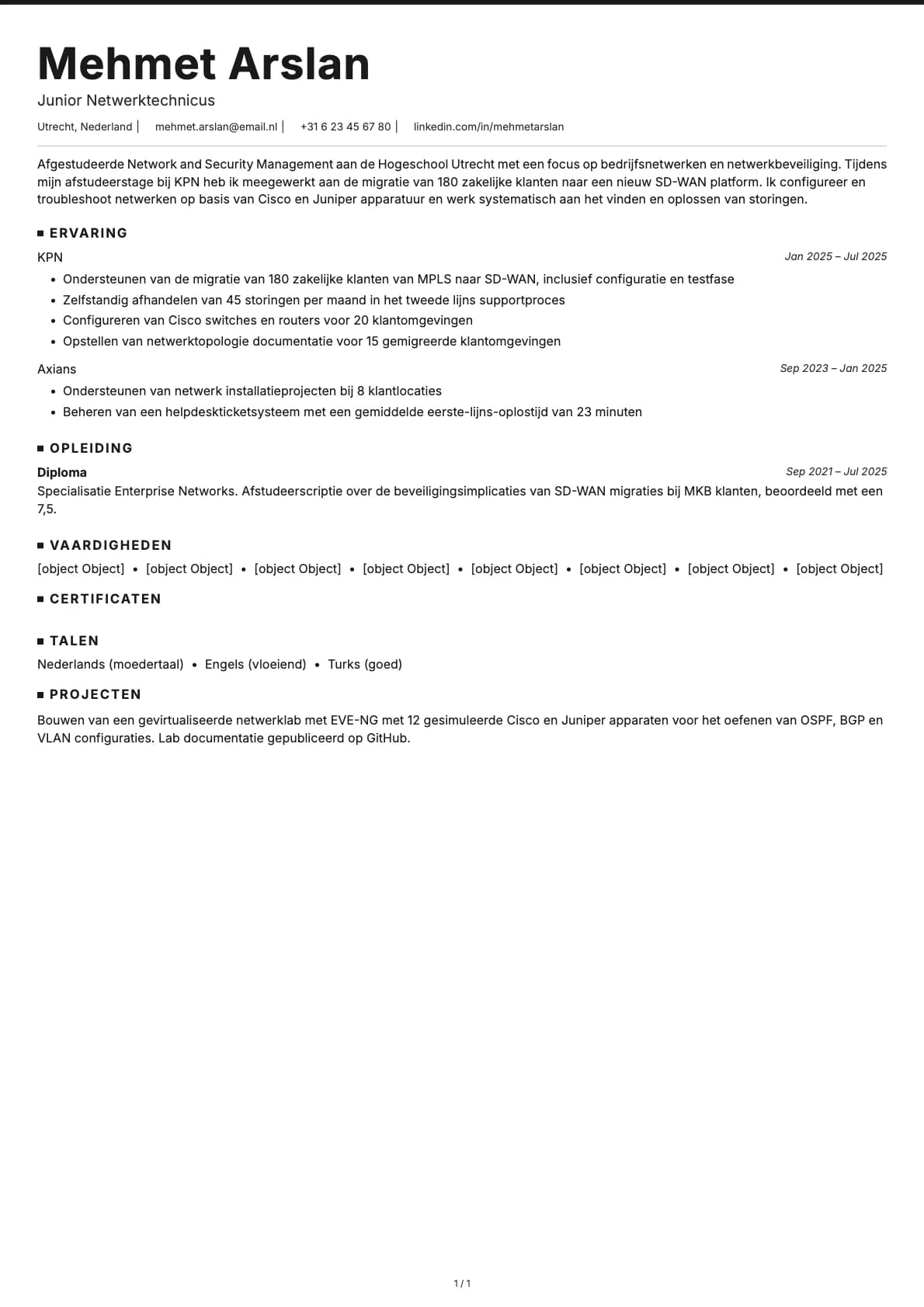 Junior Netwerktechnicus resume example