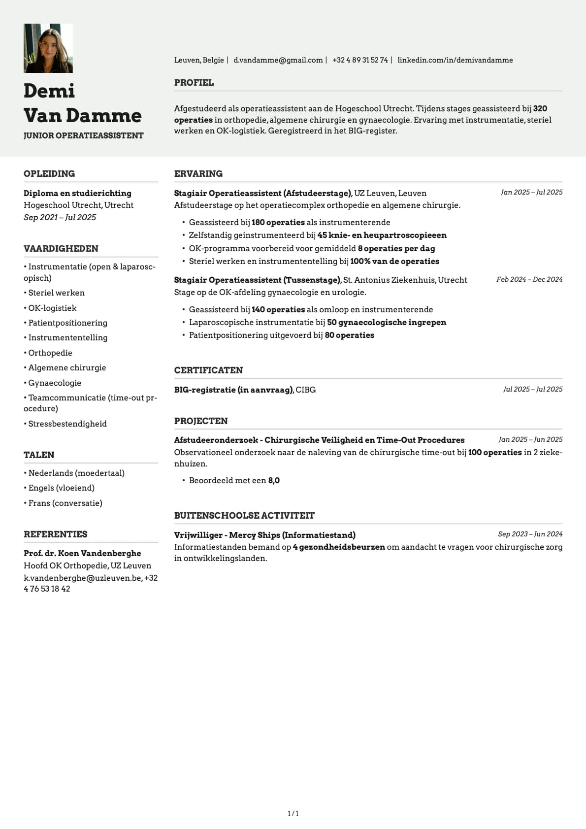 Junior Operatieassistent resume example