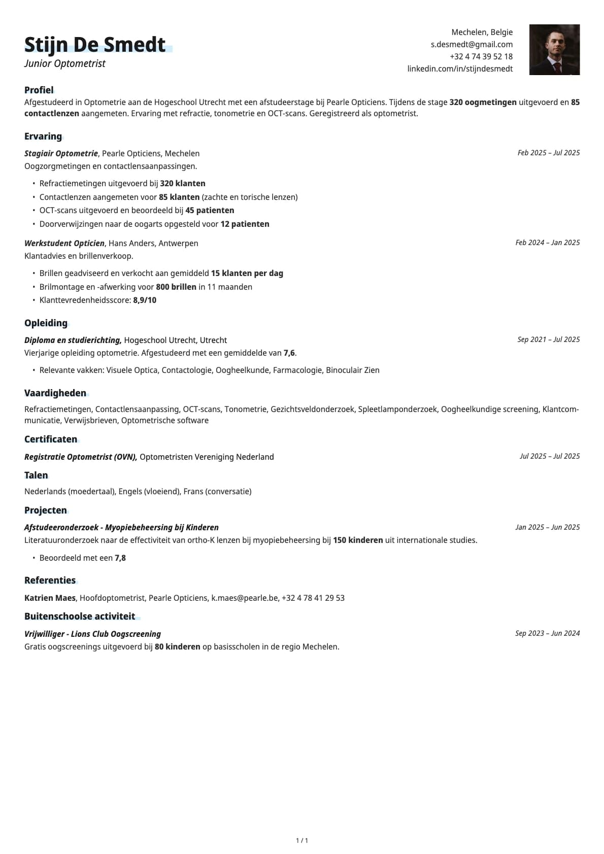 Junior Optometrist resume example