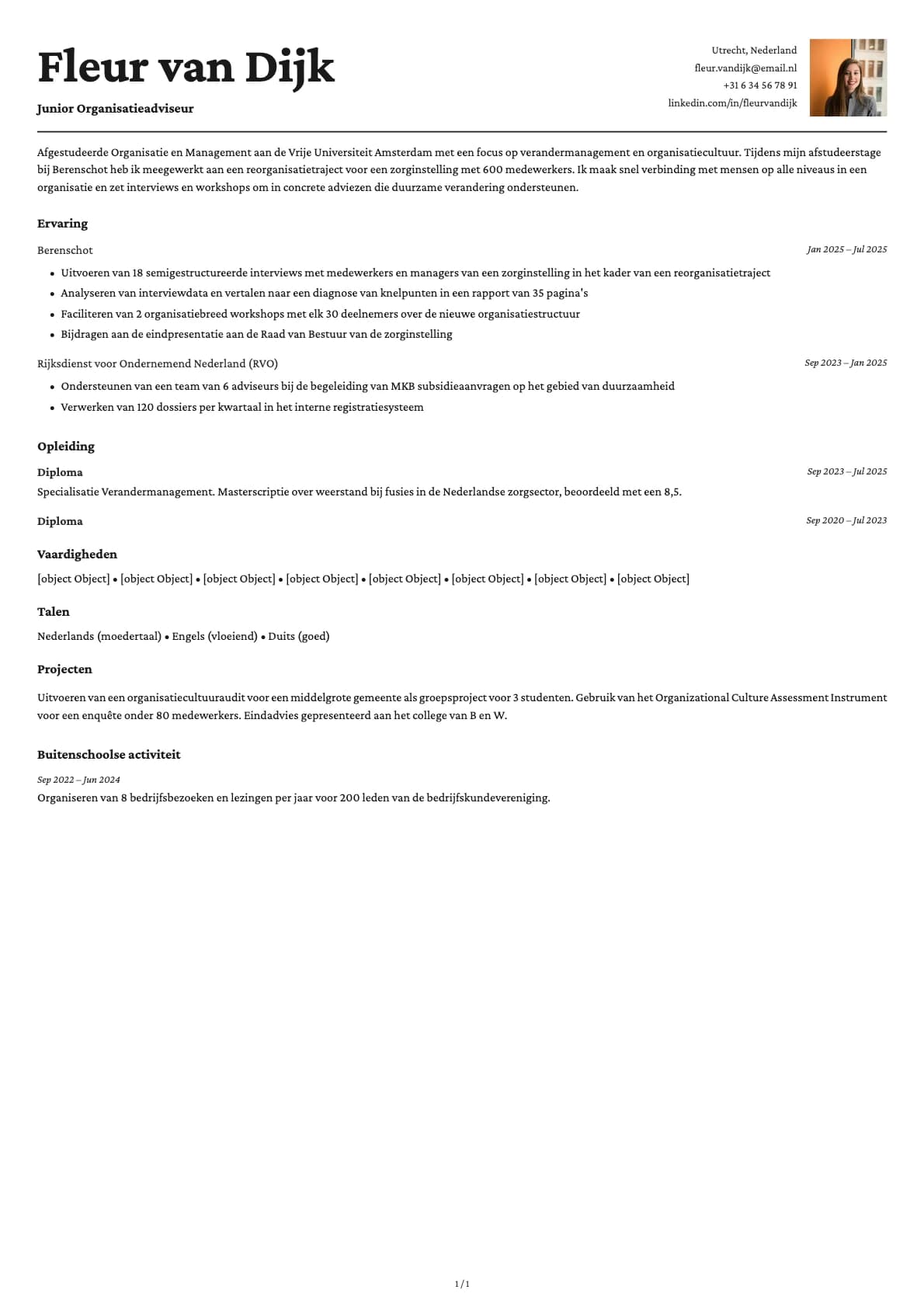 Junior Organisatieadviseur resume example