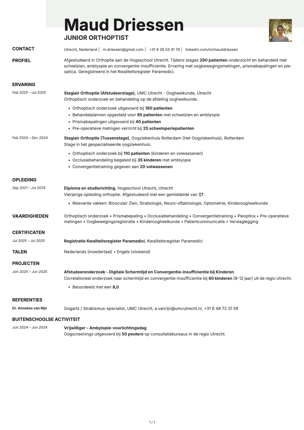 Junior Orthoptist resume example