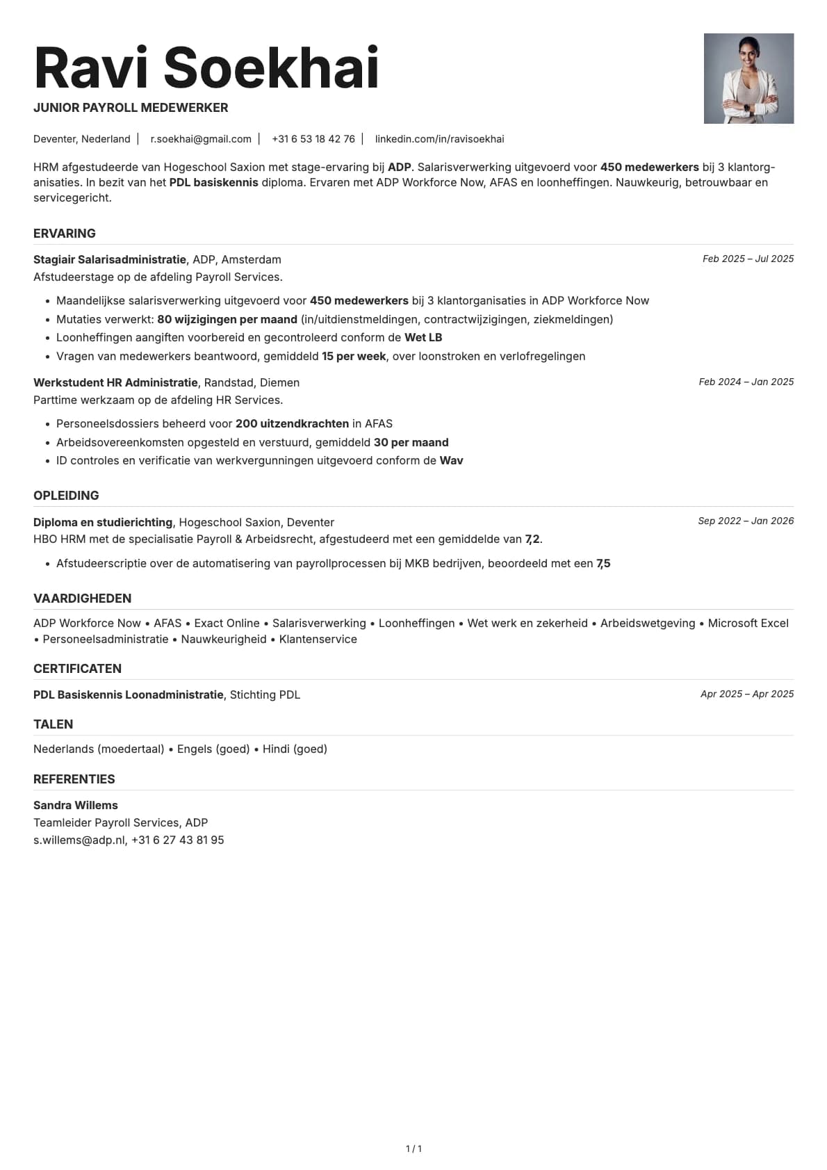 Junior Payroll Medewerker resume example