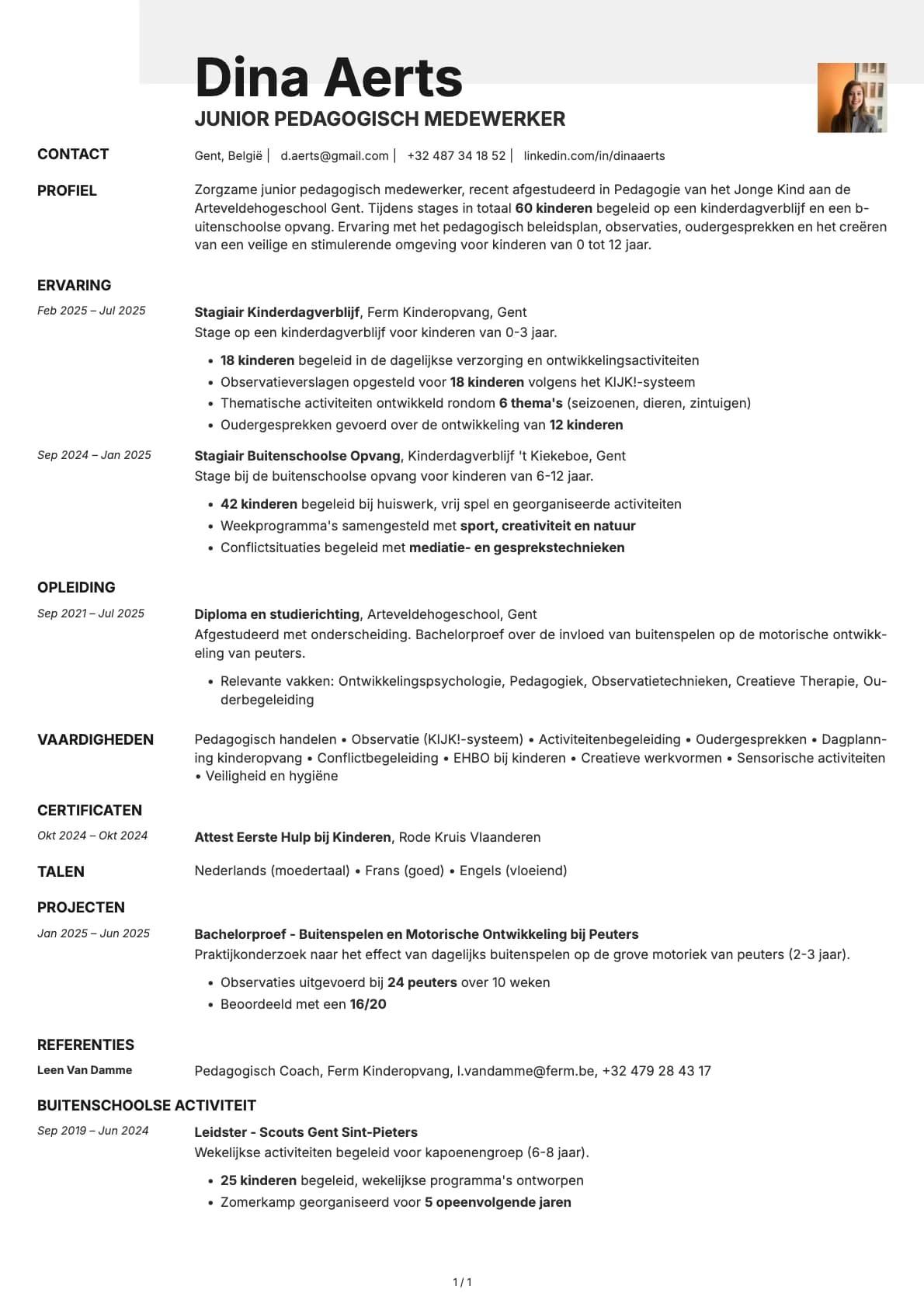 Junior Pedagogisch Medewerker resume example