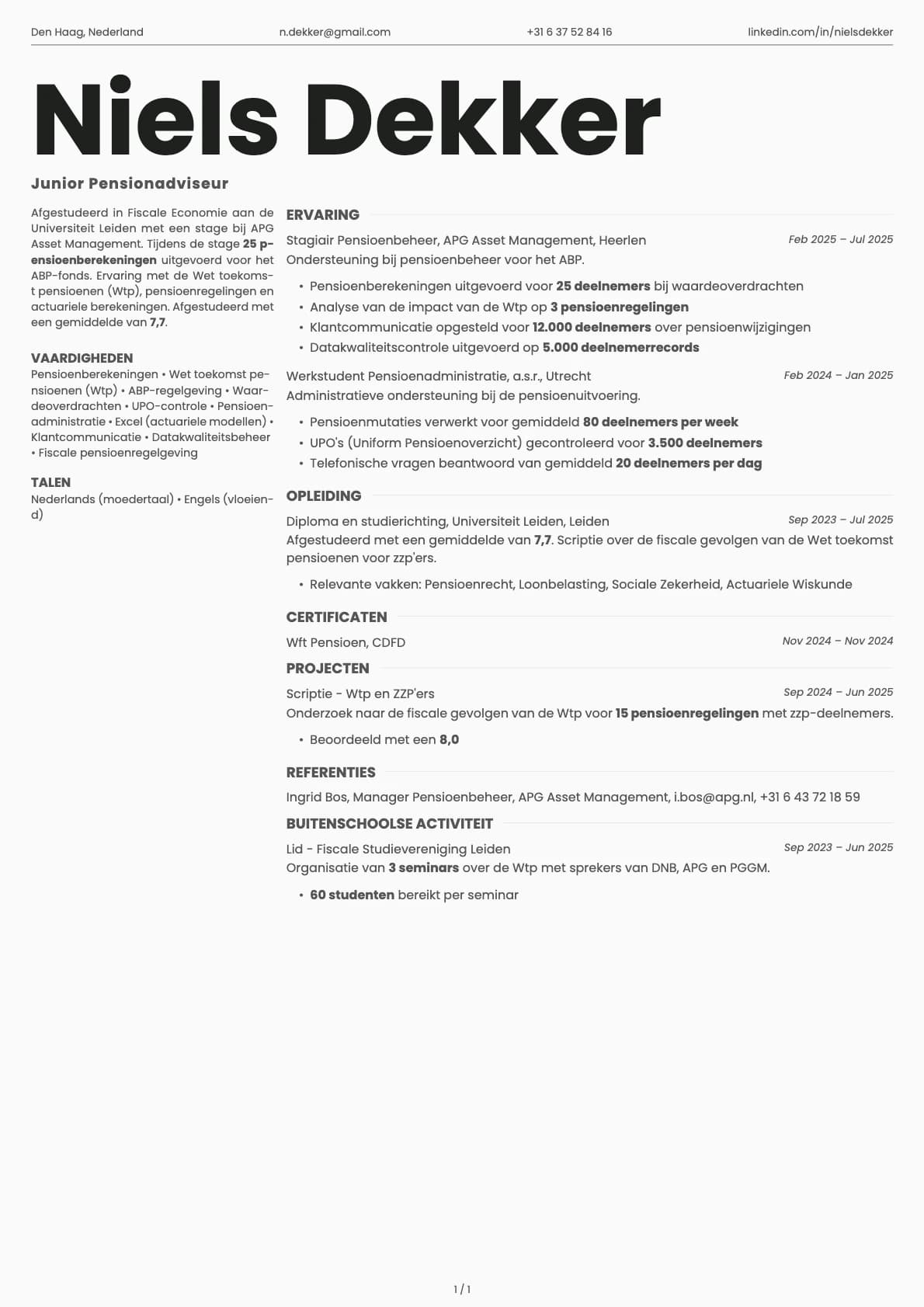 Junior Pensionadviseur resume example