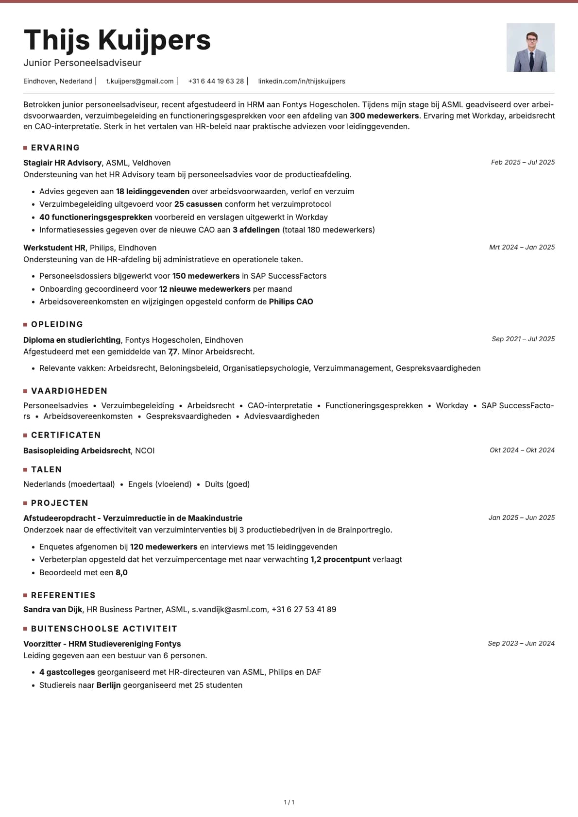Junior Personeelsadviseur resume example