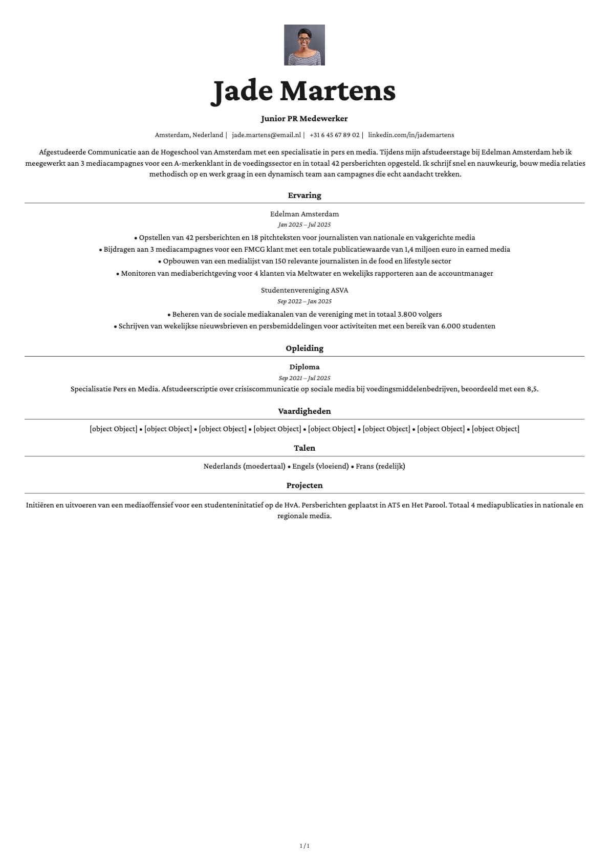 Junior PR Medewerker resume example
