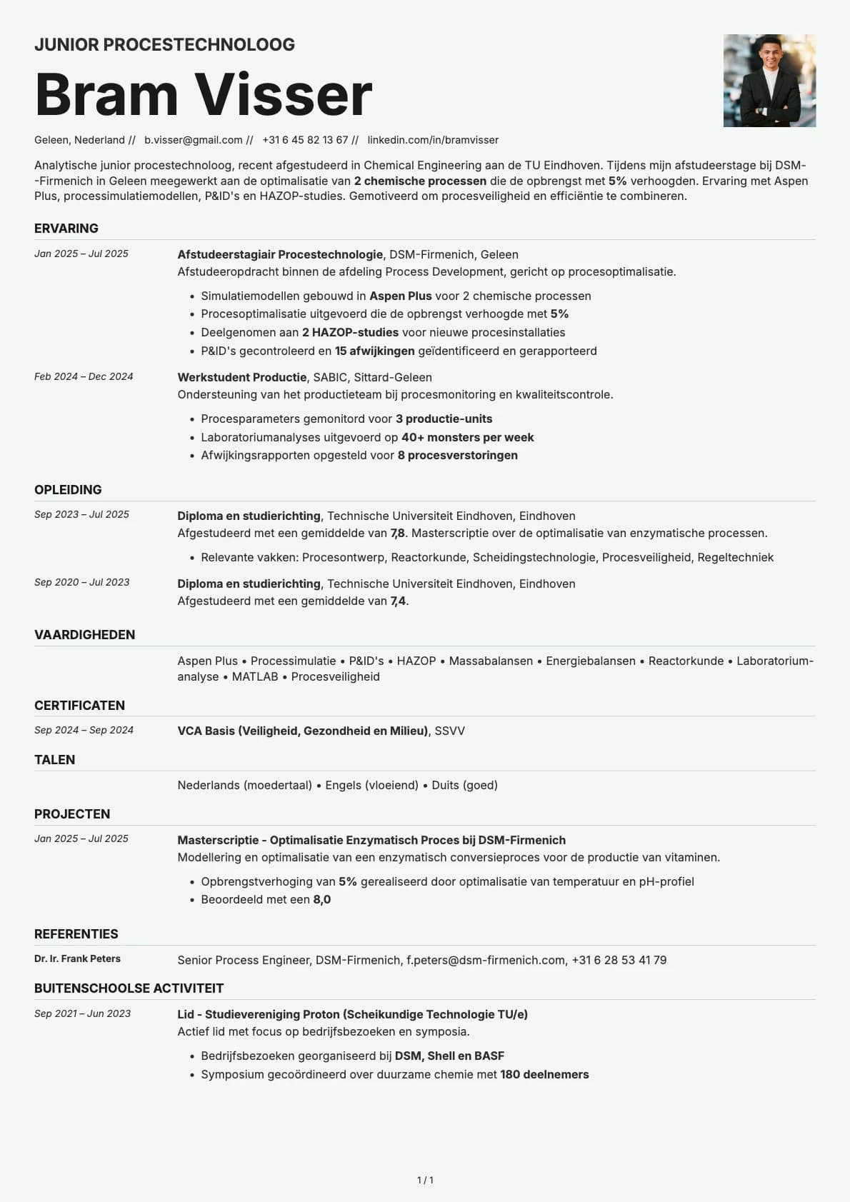 Junior Procestechnoloog resume example