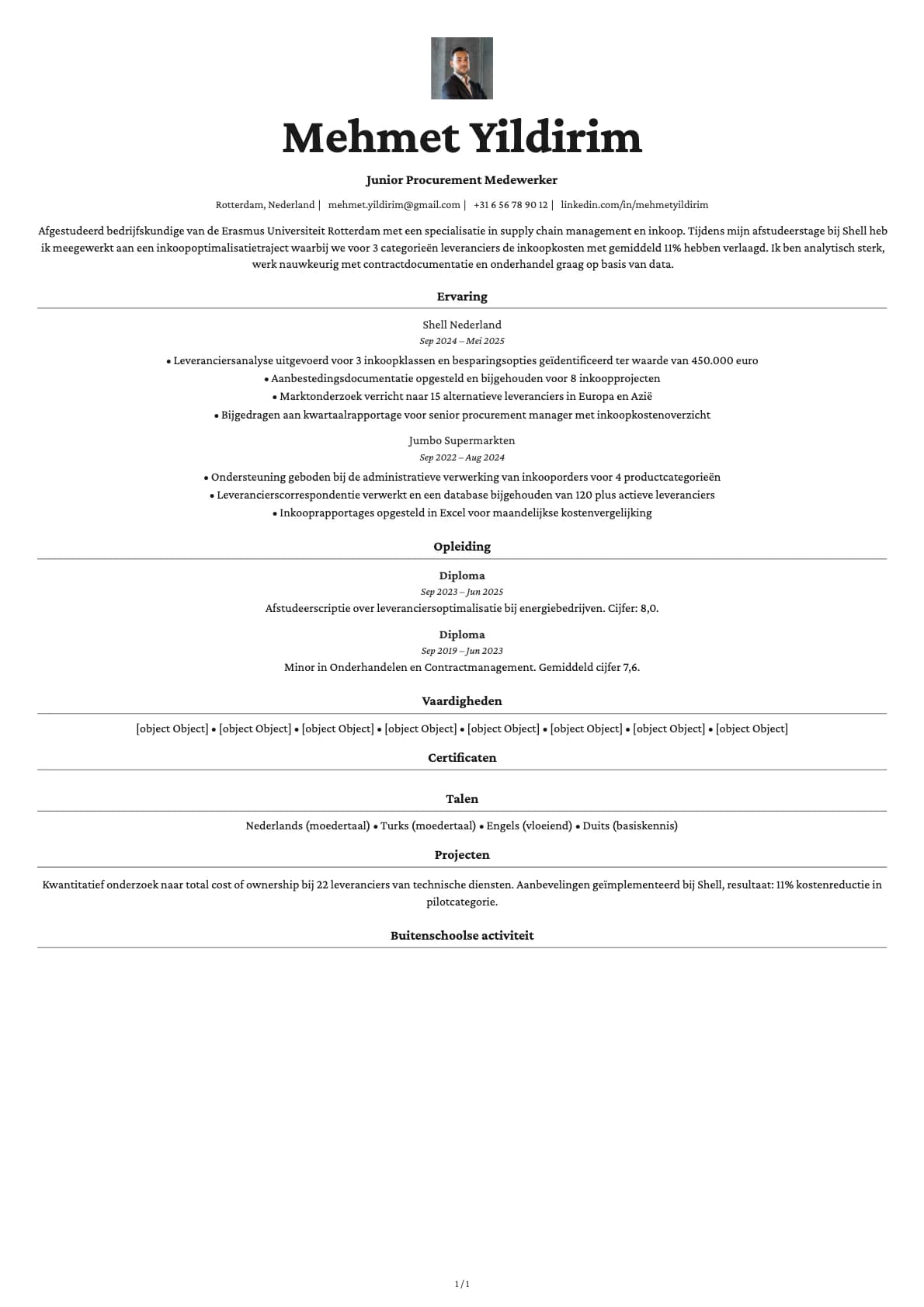 Junior Procurement Medewerker resume example