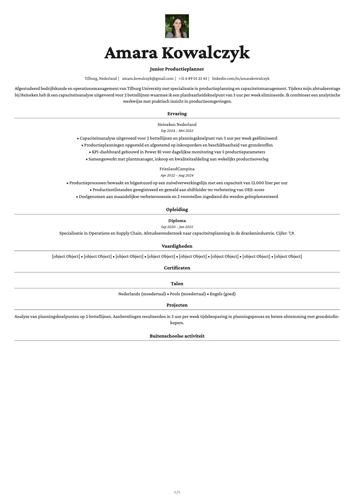 Junior Productieplanner resume example