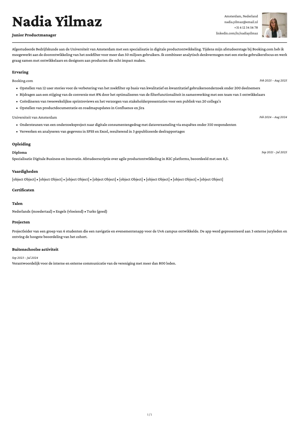 Junior Productmanager resume example