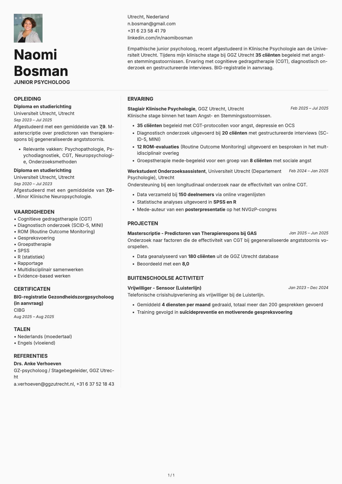 Junior Psycholoog resume example