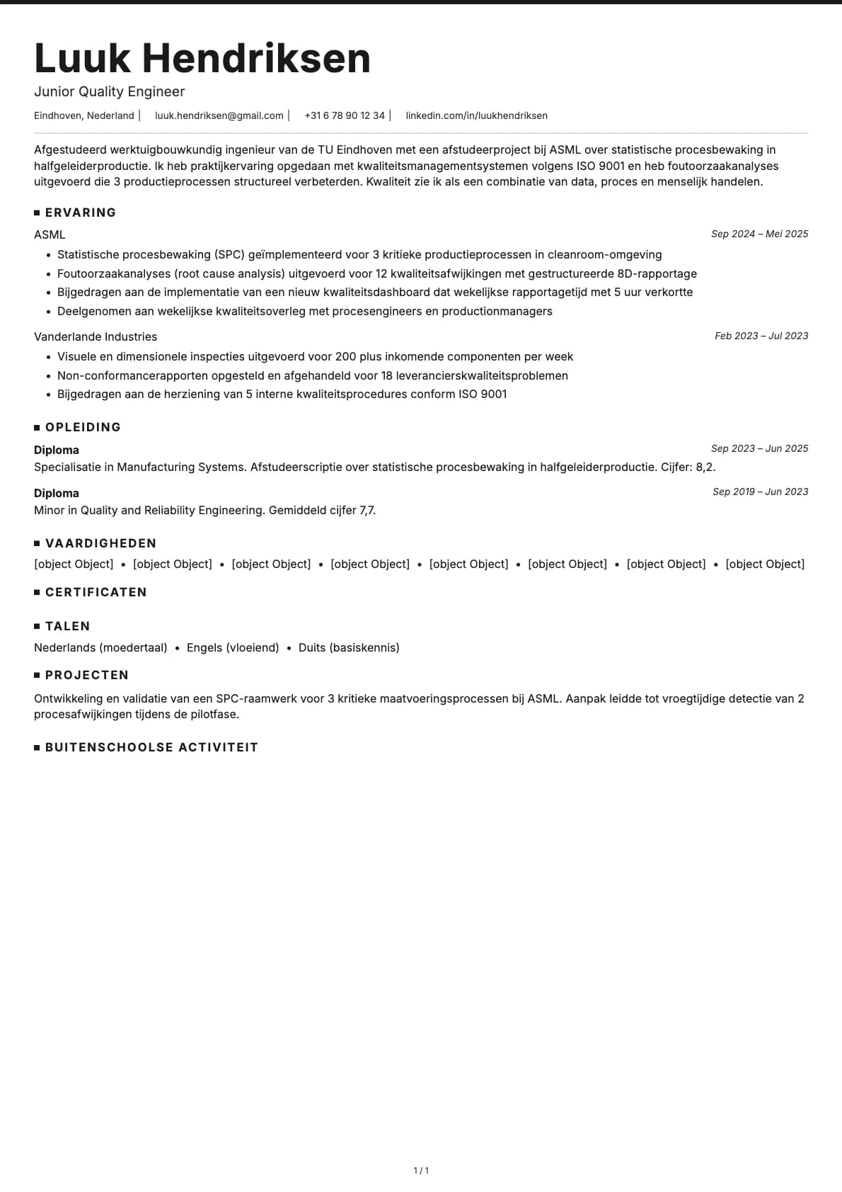 Junior Quality Engineer resume example