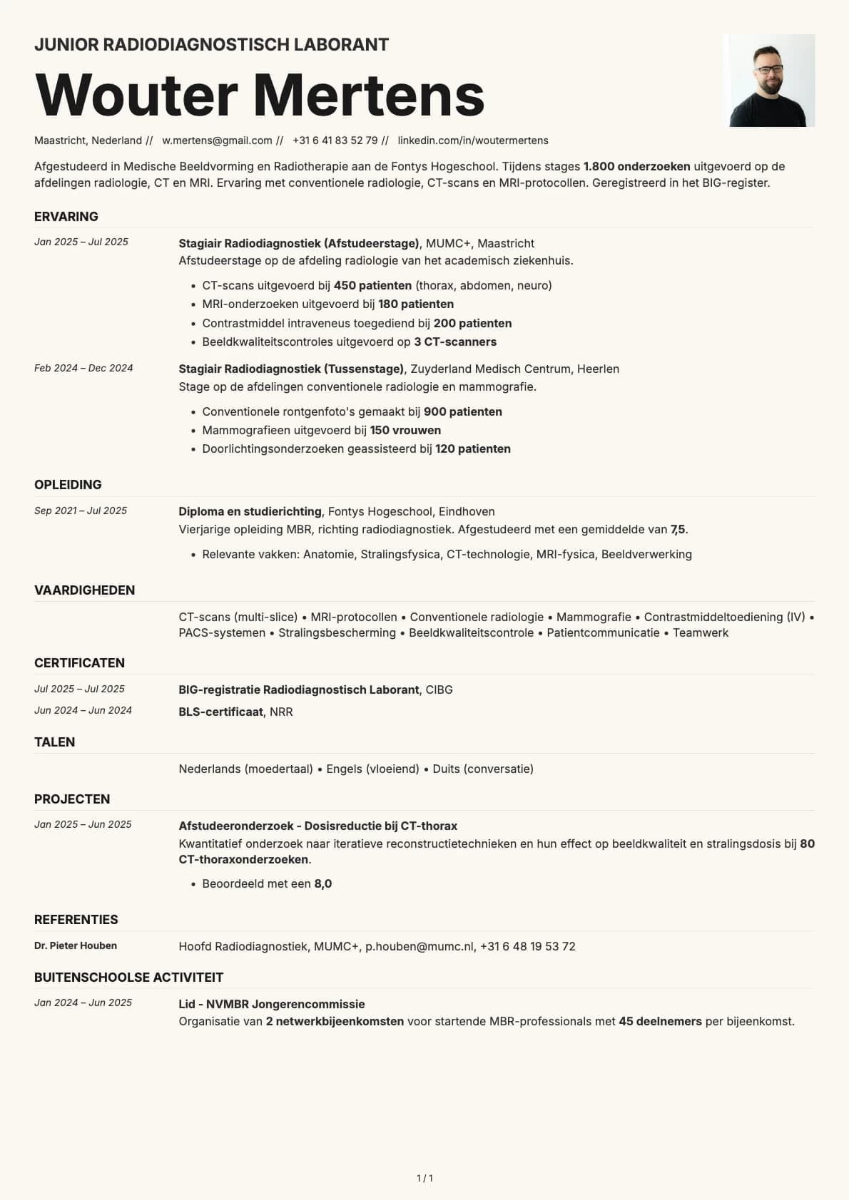Junior Radiodiagnostisch Laborant resume example